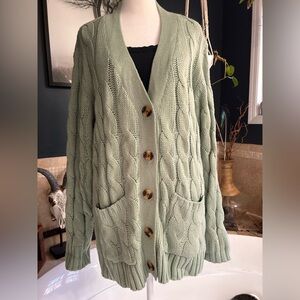 Elegant Cable Knit Cardigan - Light Green